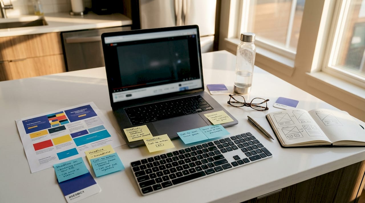 Workstation with VSL page video and headline sketches