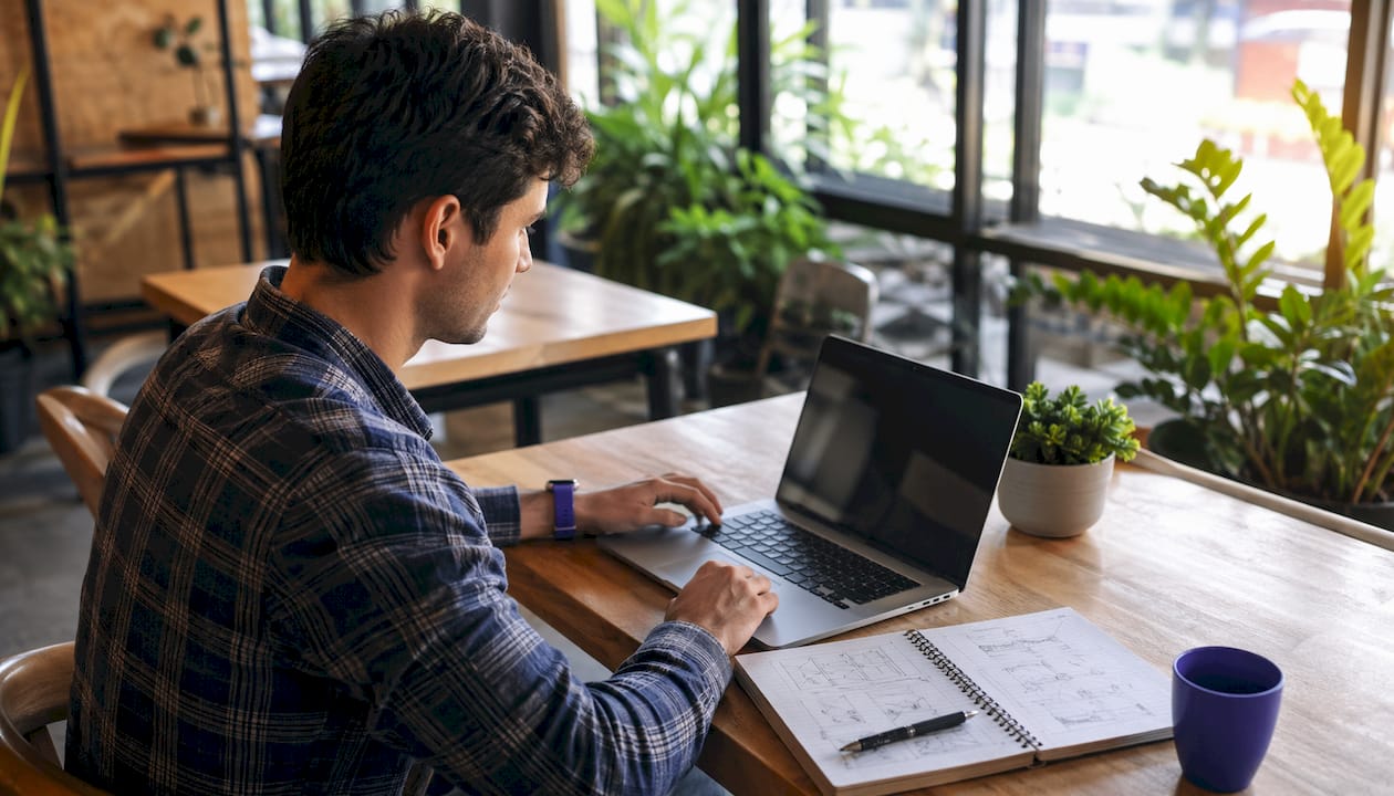 Contractor using laptop in workshop to build website