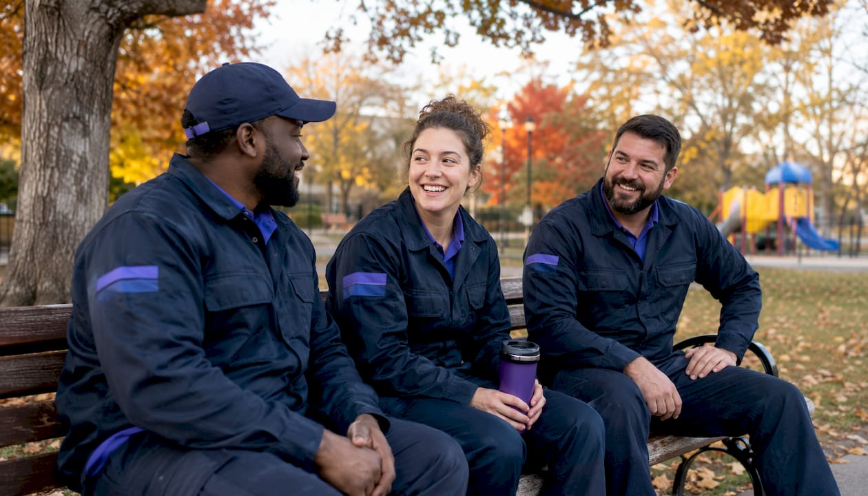 Local HVAC team posing with service van outdoors