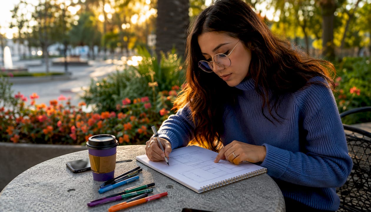 Woman sketching layout hierarchy in café