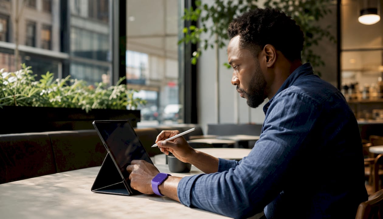 Man reviewing homepage design wireframe
