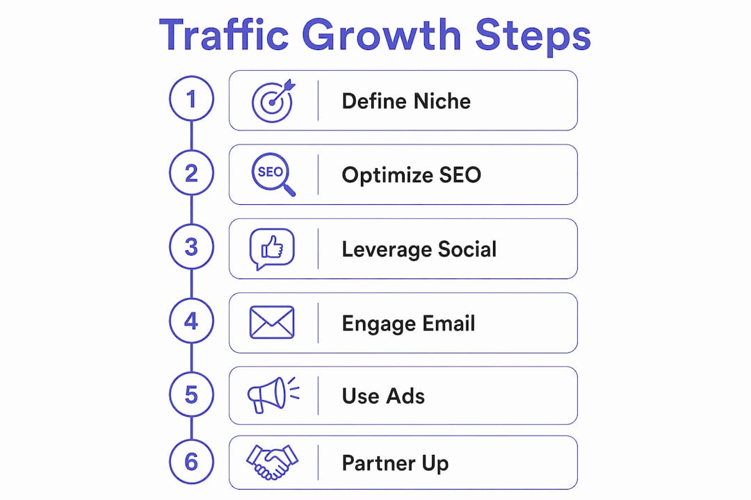 Infographic showing steps to grow coaching website traffic