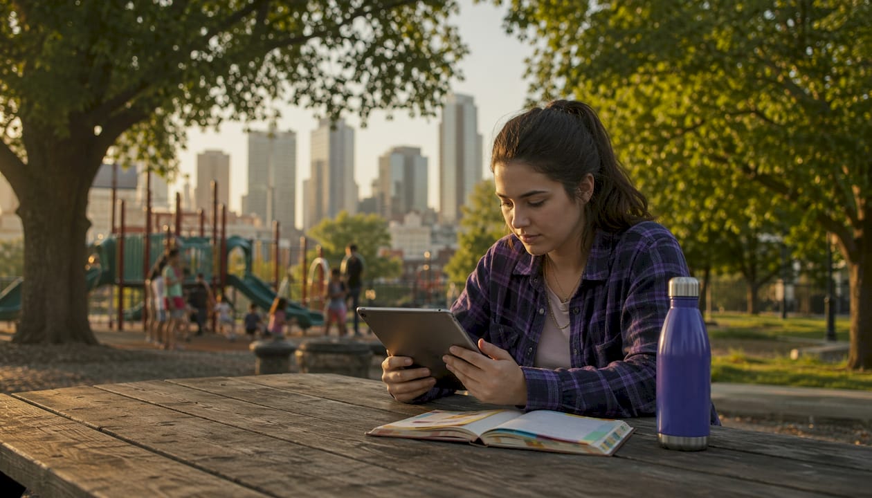 Entrepreneur using local map search on tablet outdoors