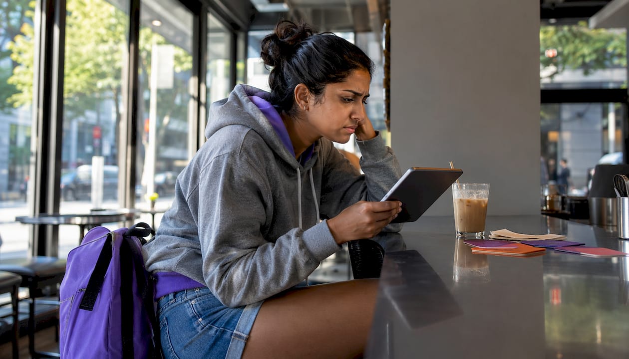 Woman waiting for slow website outdoors