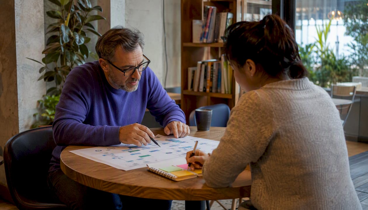 UX strategist reviewing user flow charts