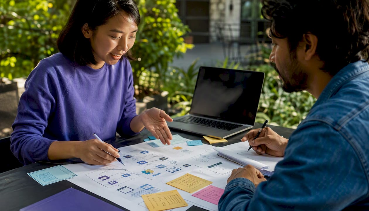 Hands collaborating on digital web workflow materials