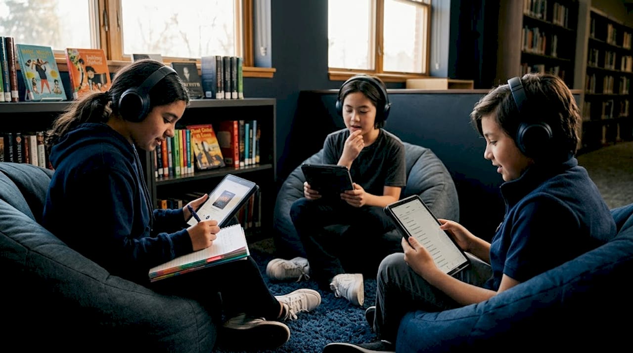 Students listen to audiobooks and take notes