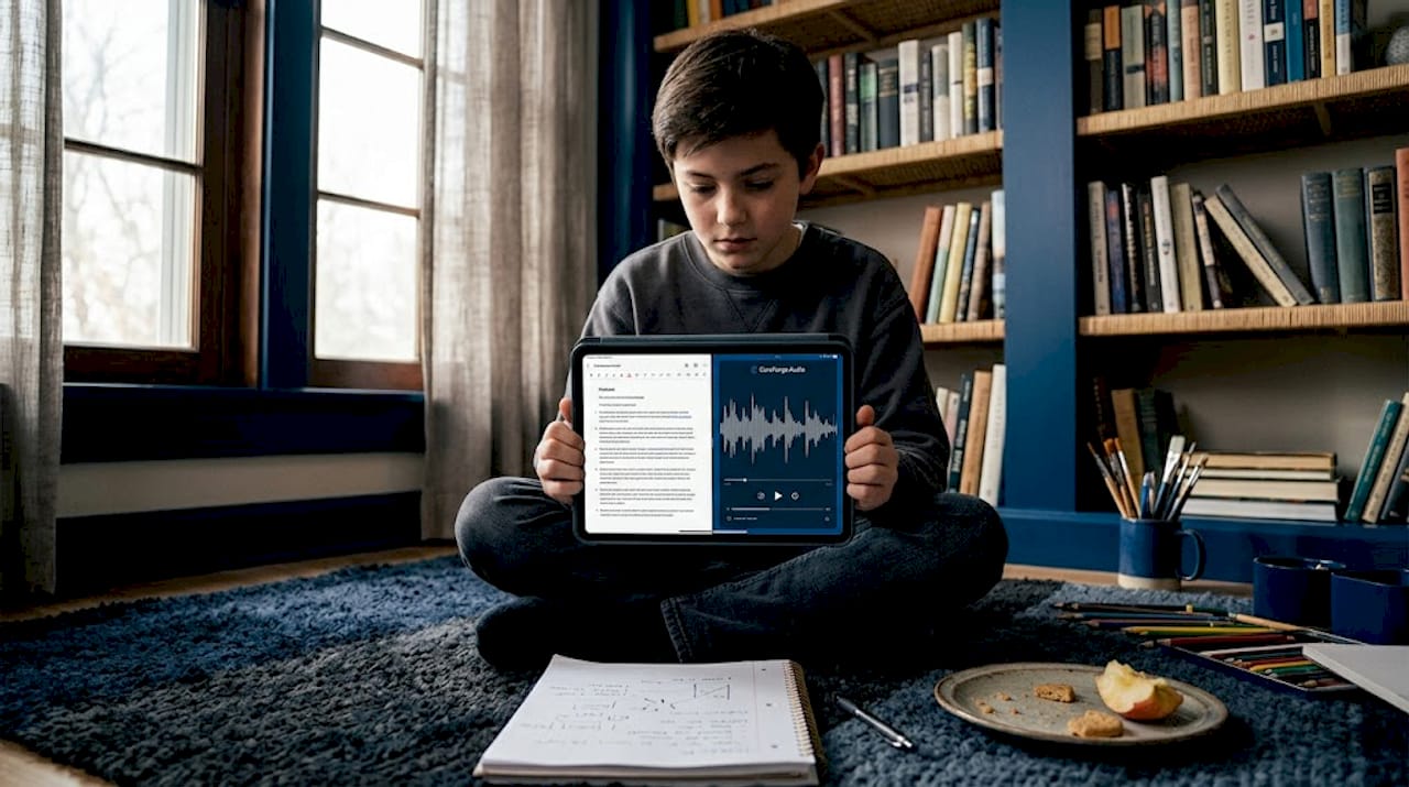 Student reading and listening using tablet on sofa