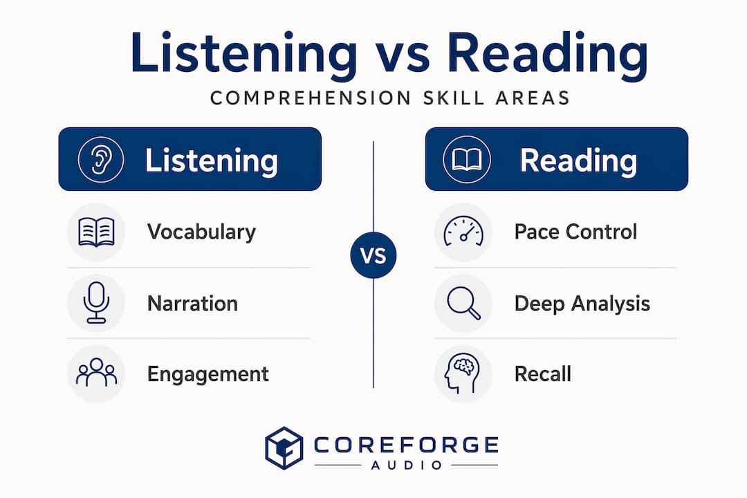 Infographic comparing listening and reading skill strengths