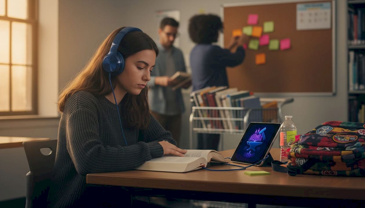 Student listening to audio with print book