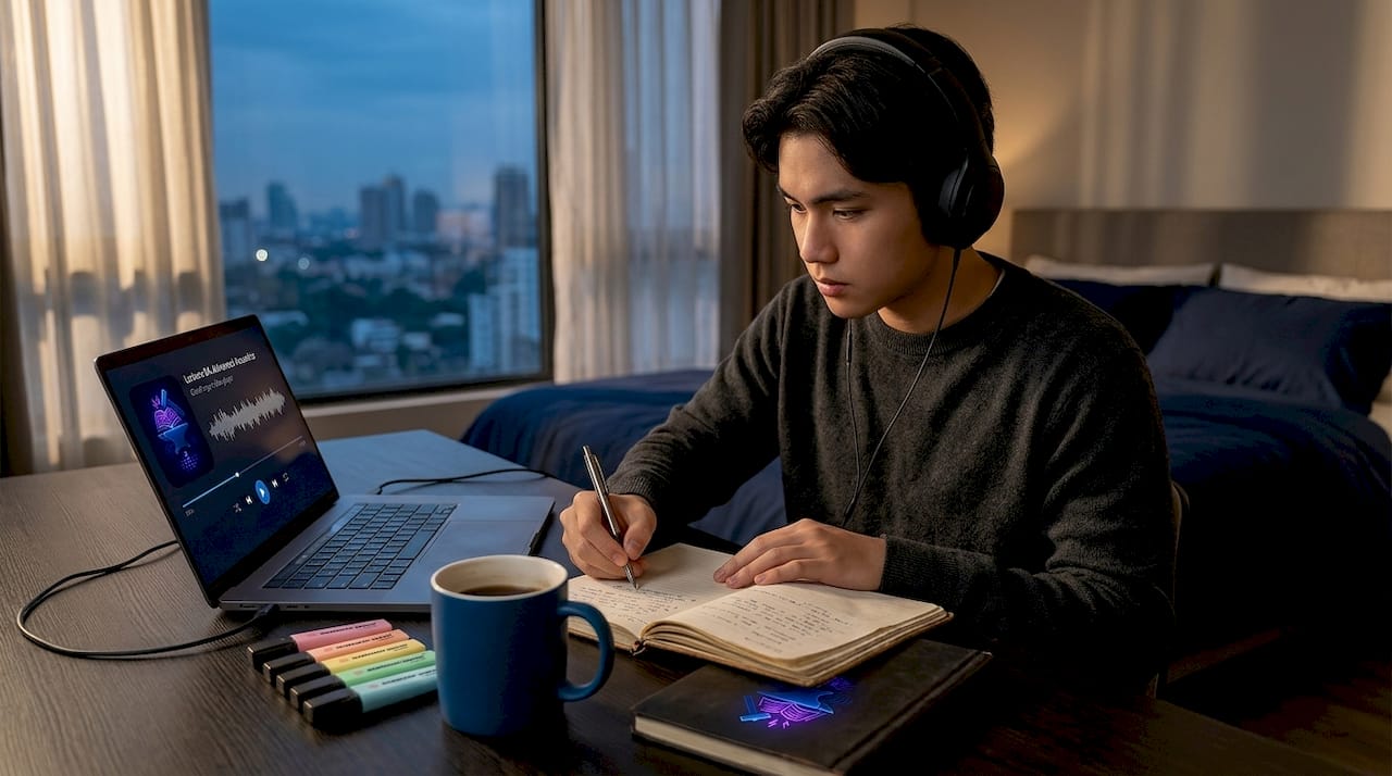Student reviewing audio lecture at dorm desk