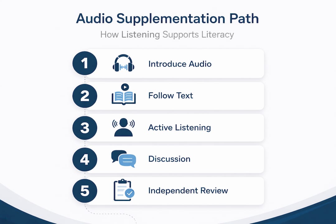 Infographic showing steps for using audio in curriculum