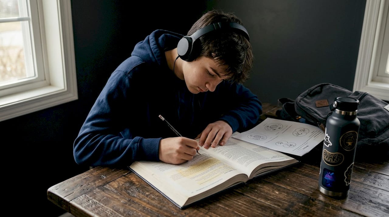 Student listening to audiobook and reading textbook
