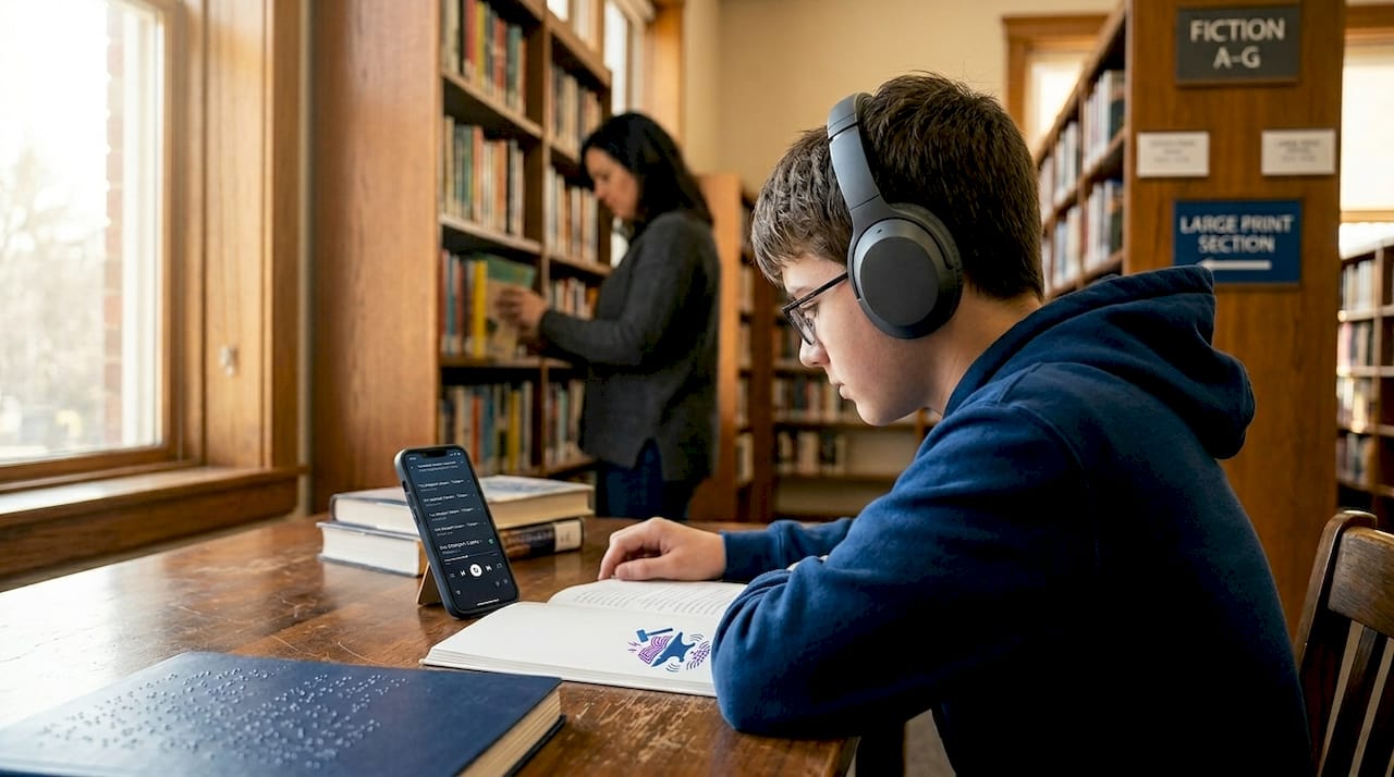 Teen following large-print transcript while listening