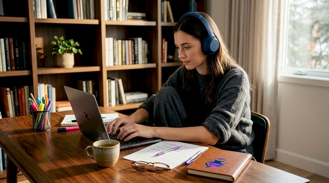 Woman multitasking listening to podcast at desk