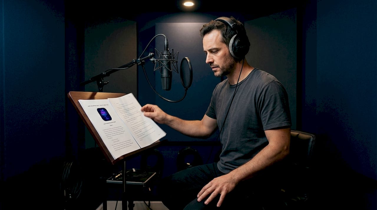 Voice actor recording audiobook audio description