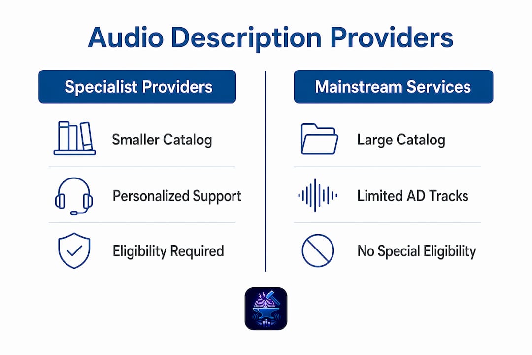 Comparison infographic of audiobook audio description providers