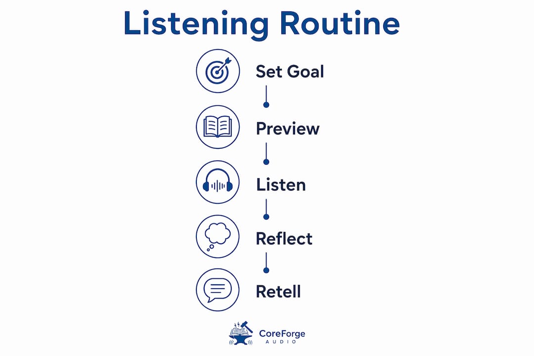 Infographic showing audiobook listening routine steps