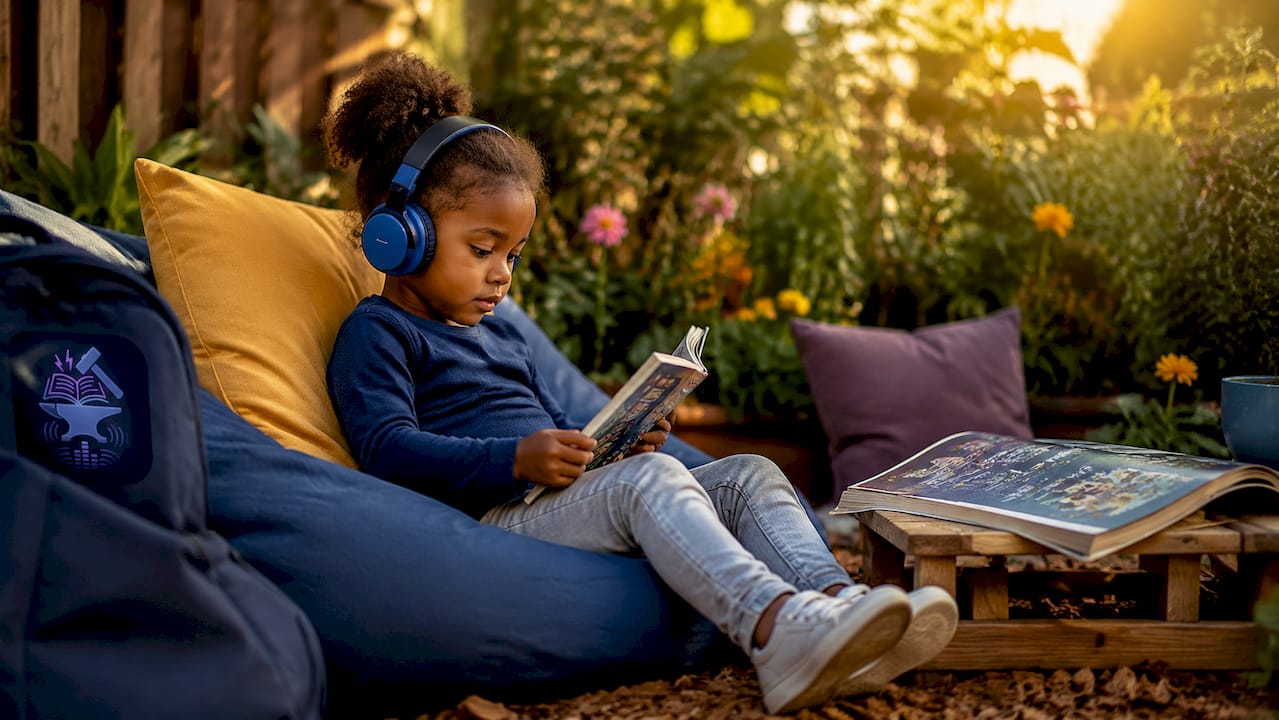 Preschool girl listening to audiobook in classroom corner