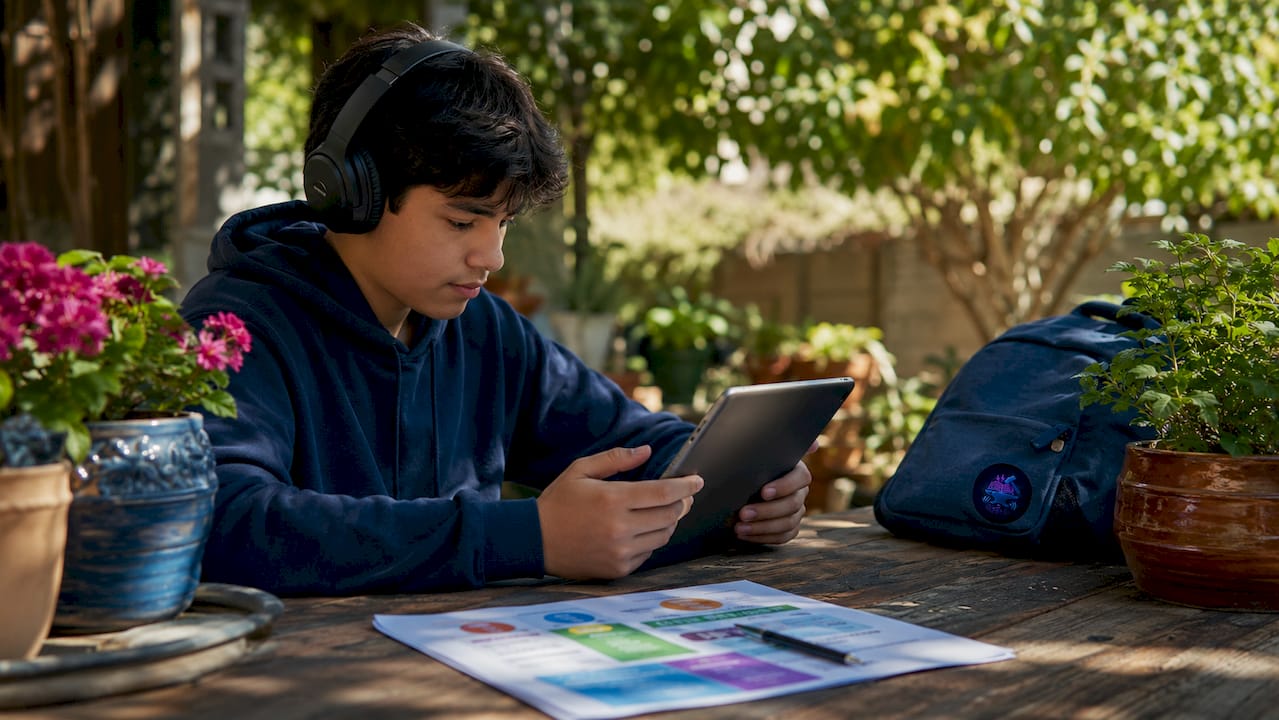 Student using tablet and headphones for audiobook lesson