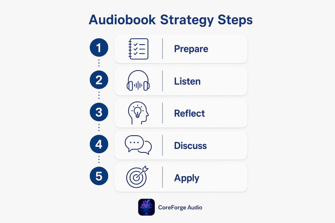 Infographic outlining steps for audiobook instruction strategy