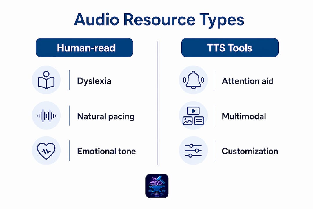 Infographic comparing human-read and TTS audio resources