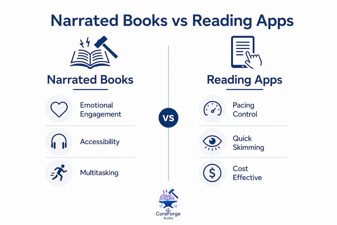 Infographic comparing narrated books and reading apps