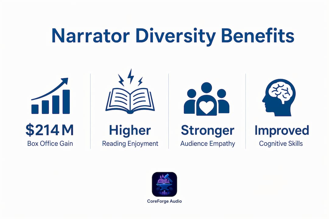 Infographic illustrating key benefits of narrator diversity