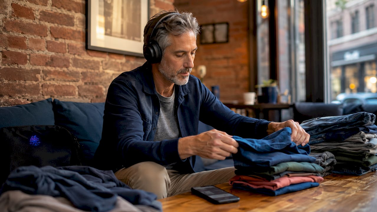 Man folding laundry while listening to audiobook