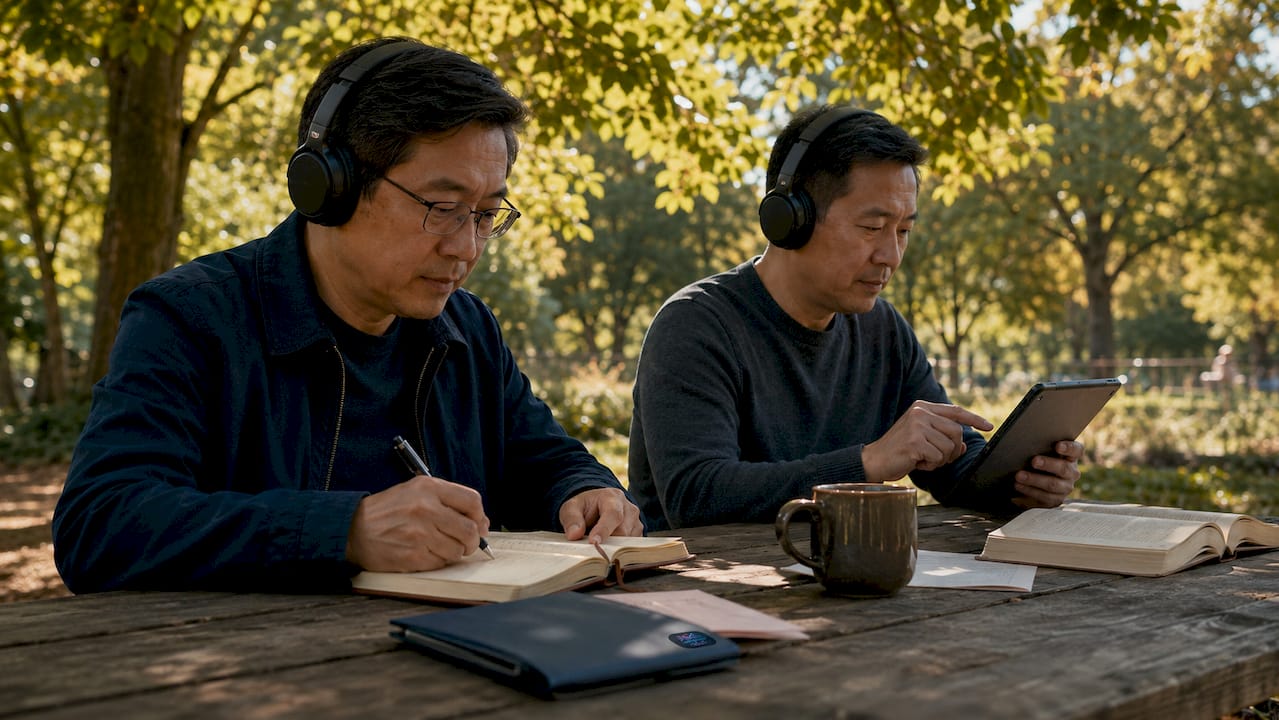 Two men using tablets and headphones at café listening to audiobooks