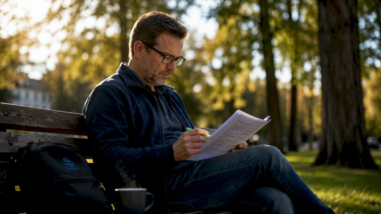 Man highlighting printed document in coffee shop