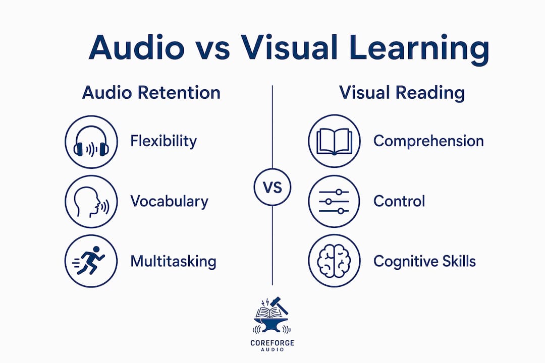 Infographic comparing audio retention and visual reading