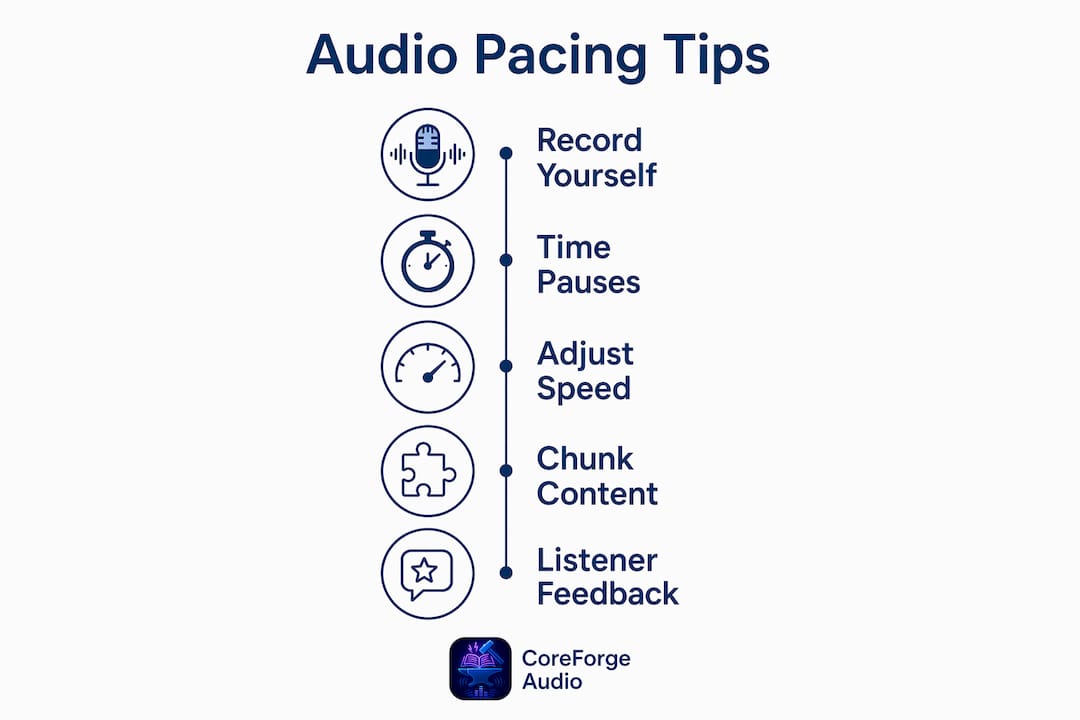 Infographic showing steps to improve audio pacing for comprehension