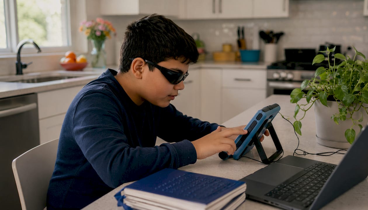 Student adjusting inclusive reading device settings