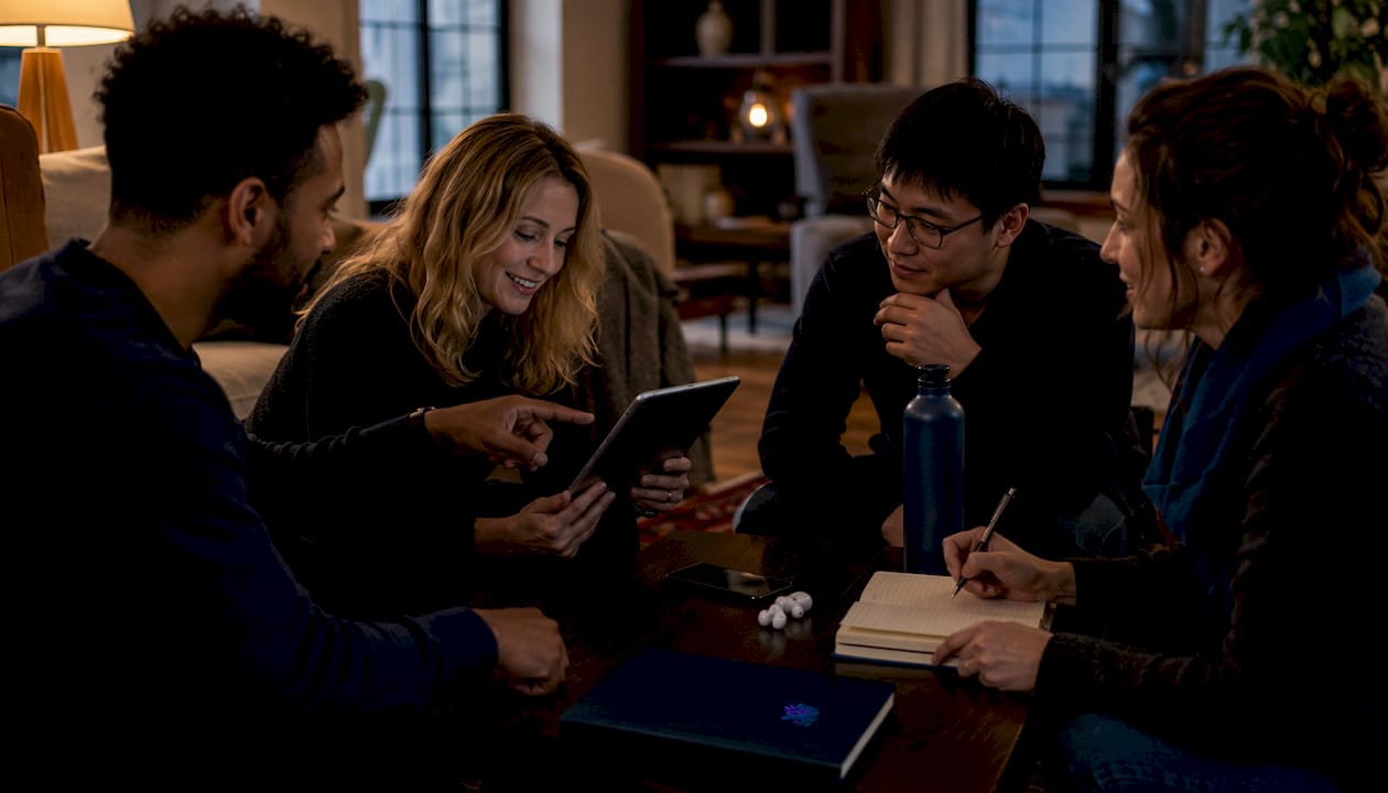 Overhead view of diverse hands with audiobook devices and notes