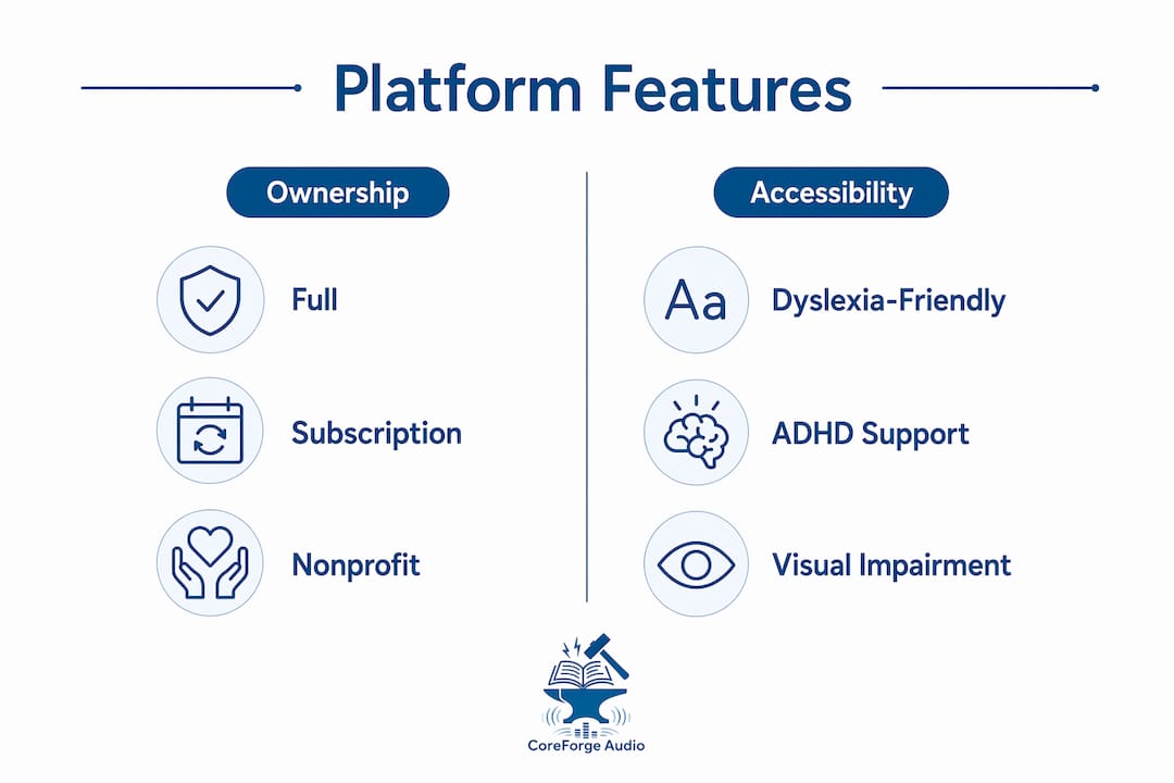 Infographic comparing audiobook platform ownership and accessibility features