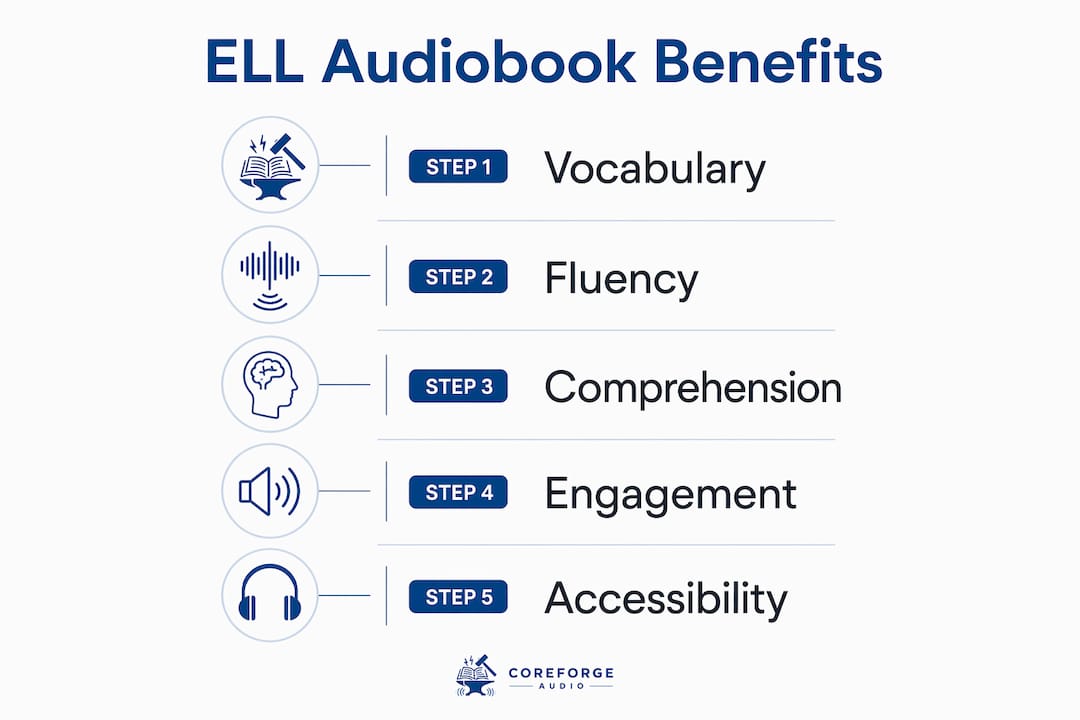 Infographic illustrating audiobook benefits for English learners