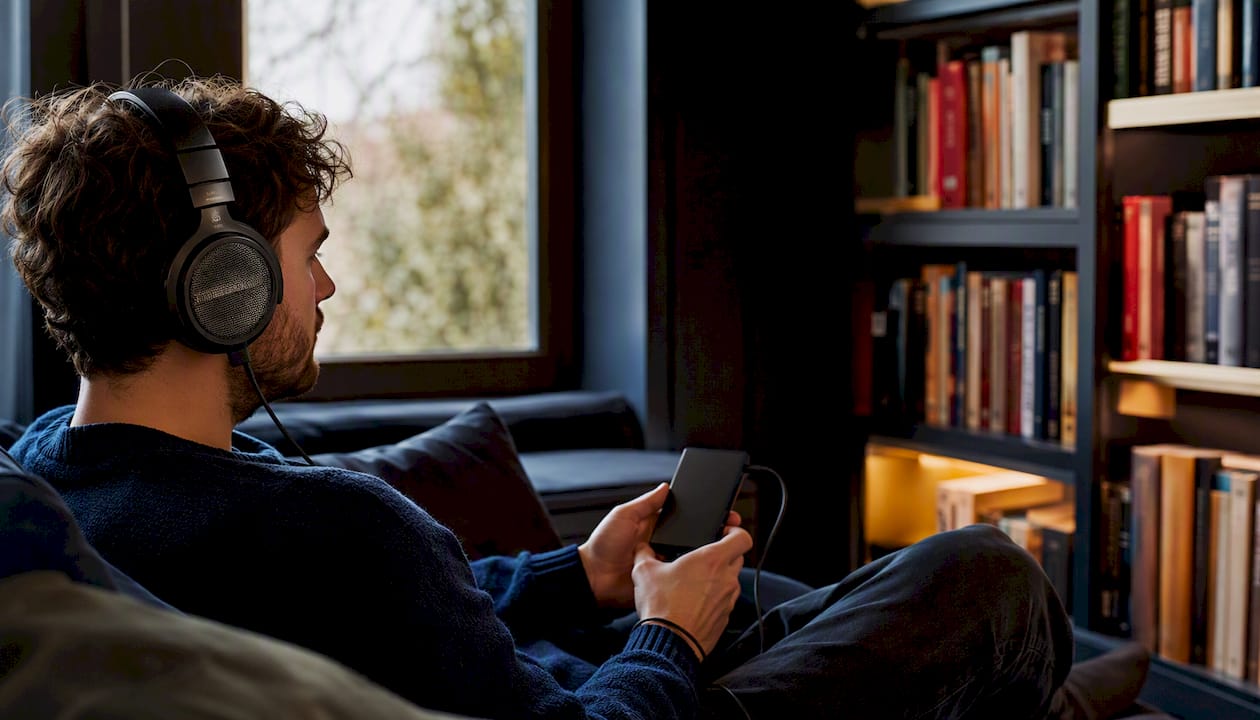 Person listening to audiobook with headphones