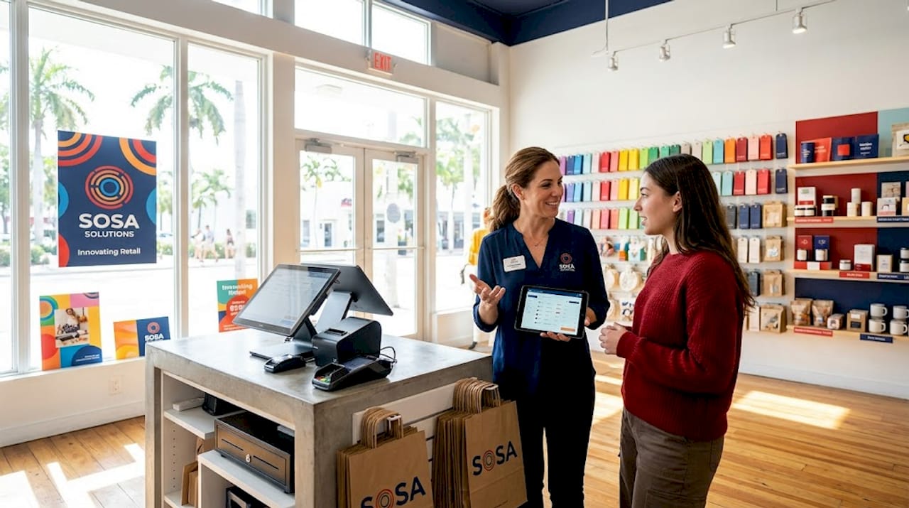 Retail manager uses tablet beside checkout counter