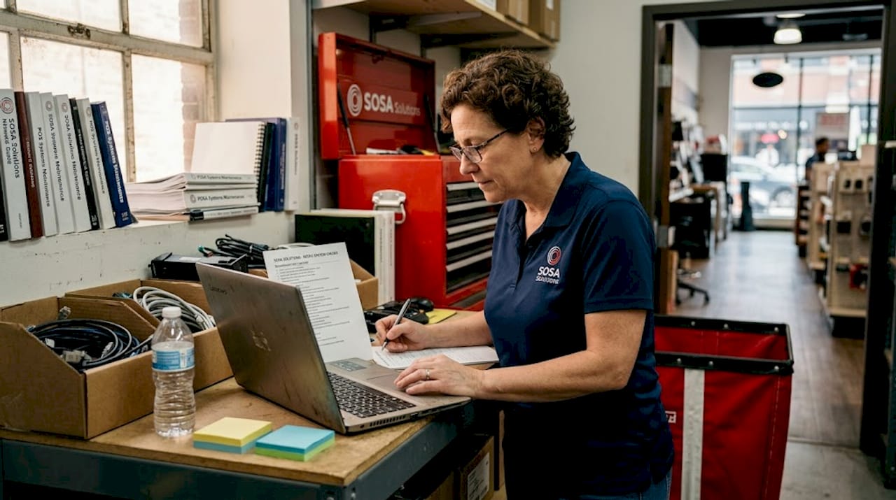 Retail staff reviews IT checklist in store backroom