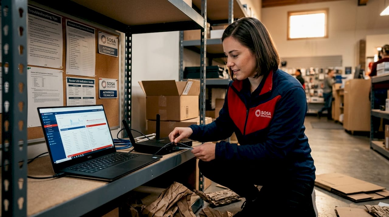 Female IT tech setting up router in stockroom