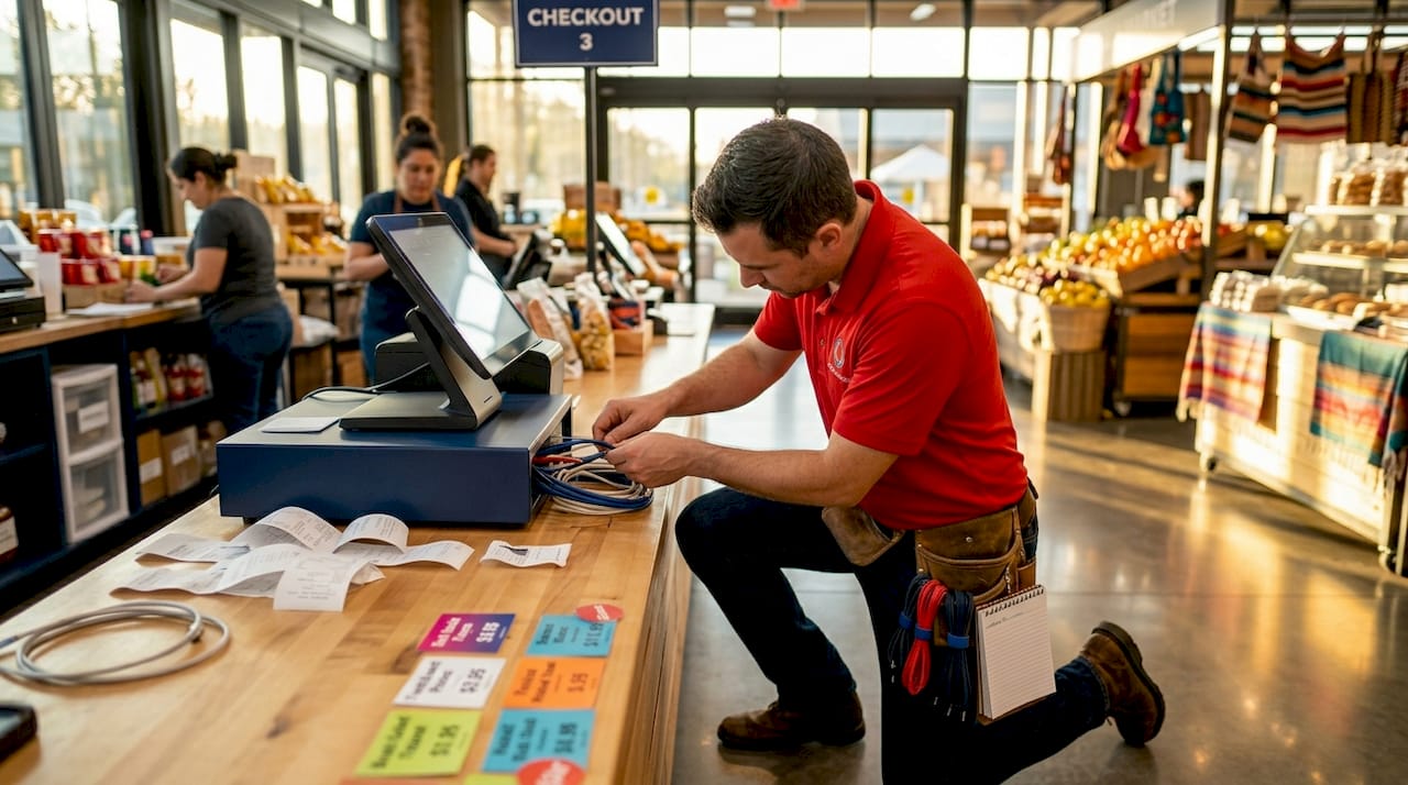 IT technician working beside retail checkout counter