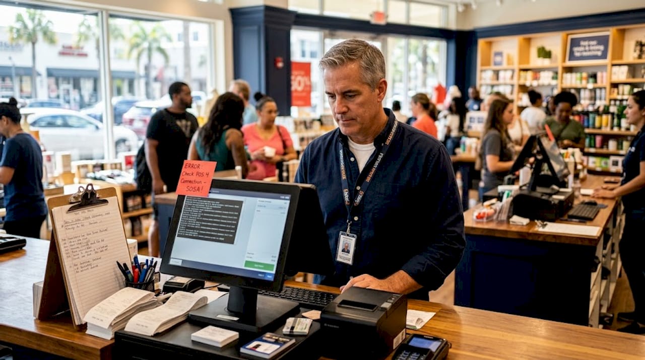 Store manager checks POS terminal for errors