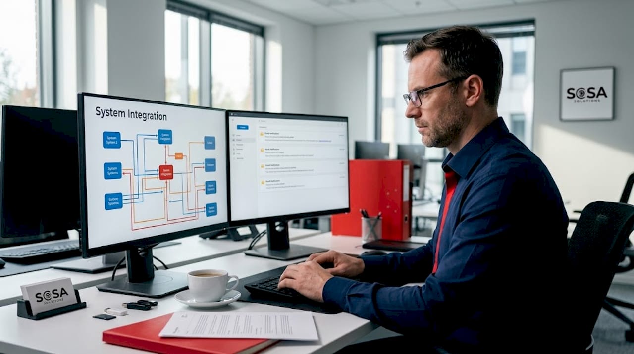 IT analyst reviewing integration workflow at desk