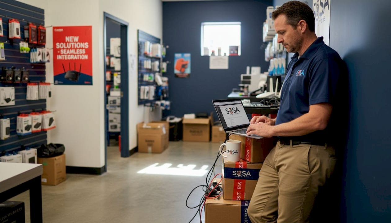 Retail technician reviewing maintenance logs