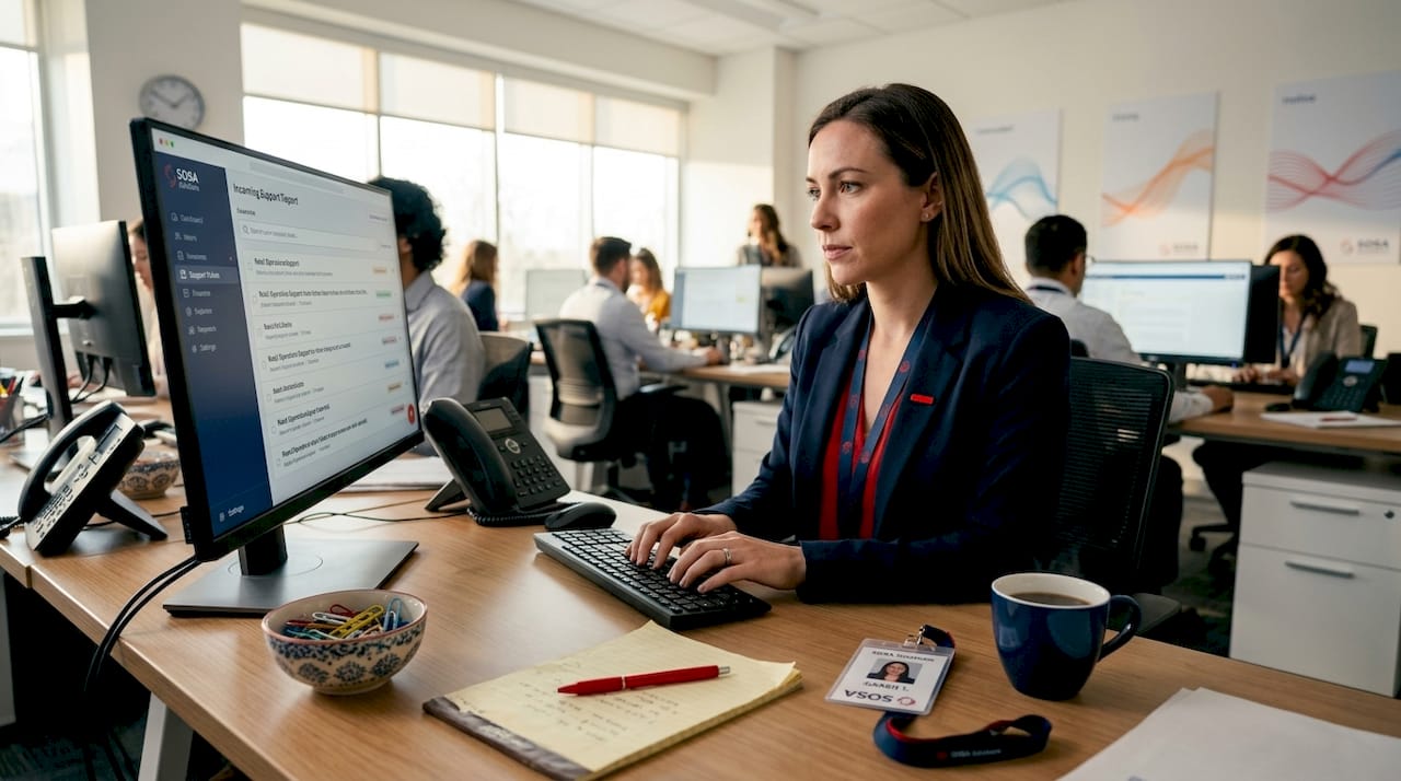 Retail helpdesk manager working at office desk