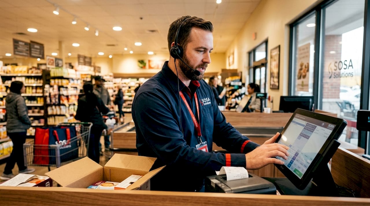 Retail manager troubleshooting at counter during IT issue