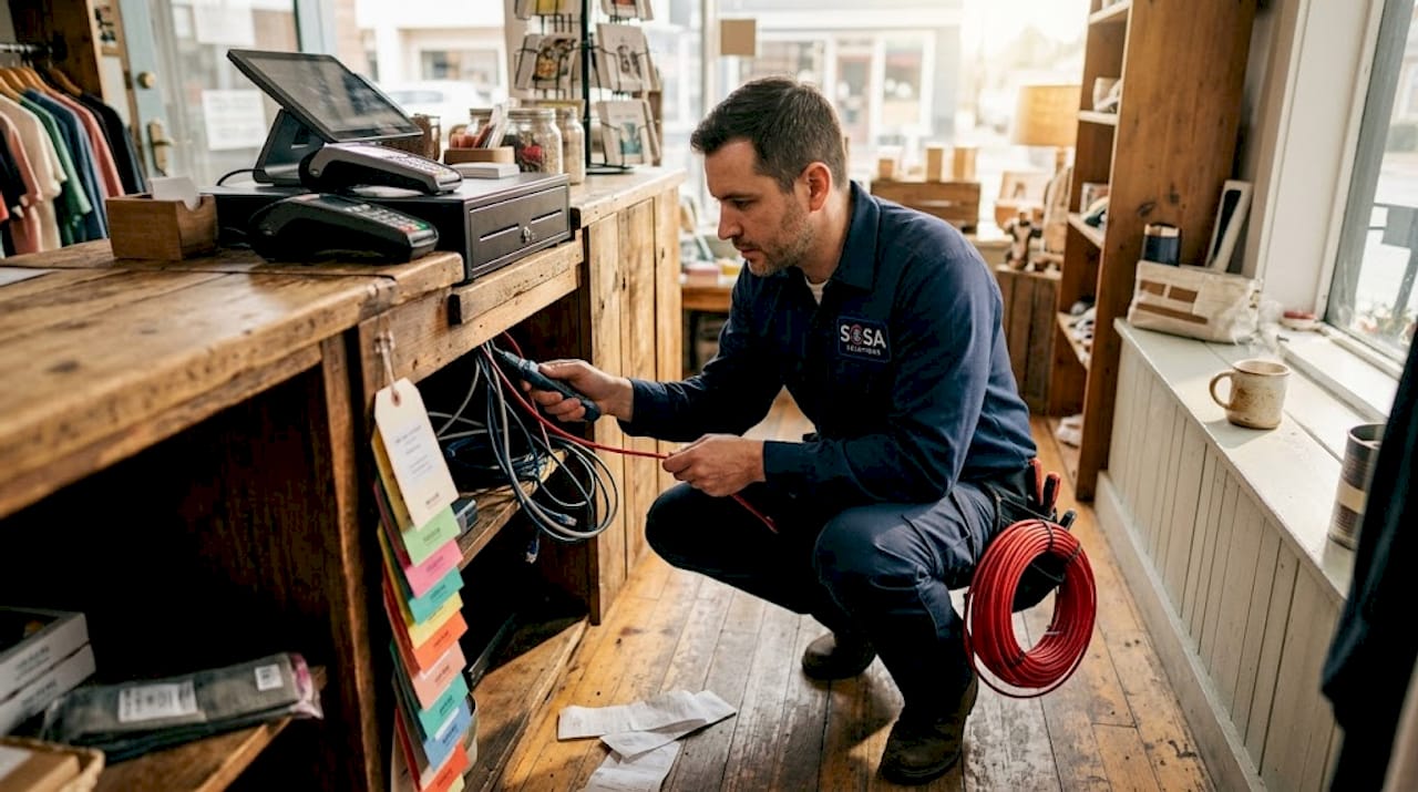 IT technician checks cables under store counter