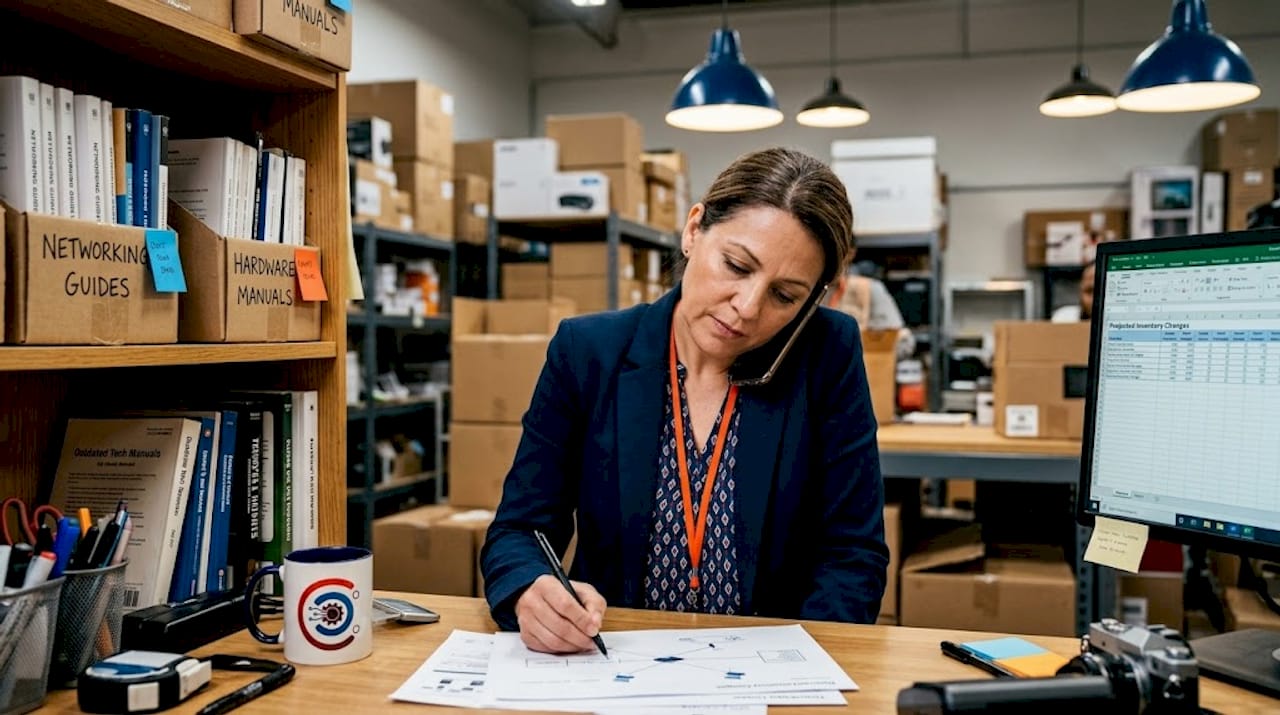 Manager reviews store IT strategy printouts