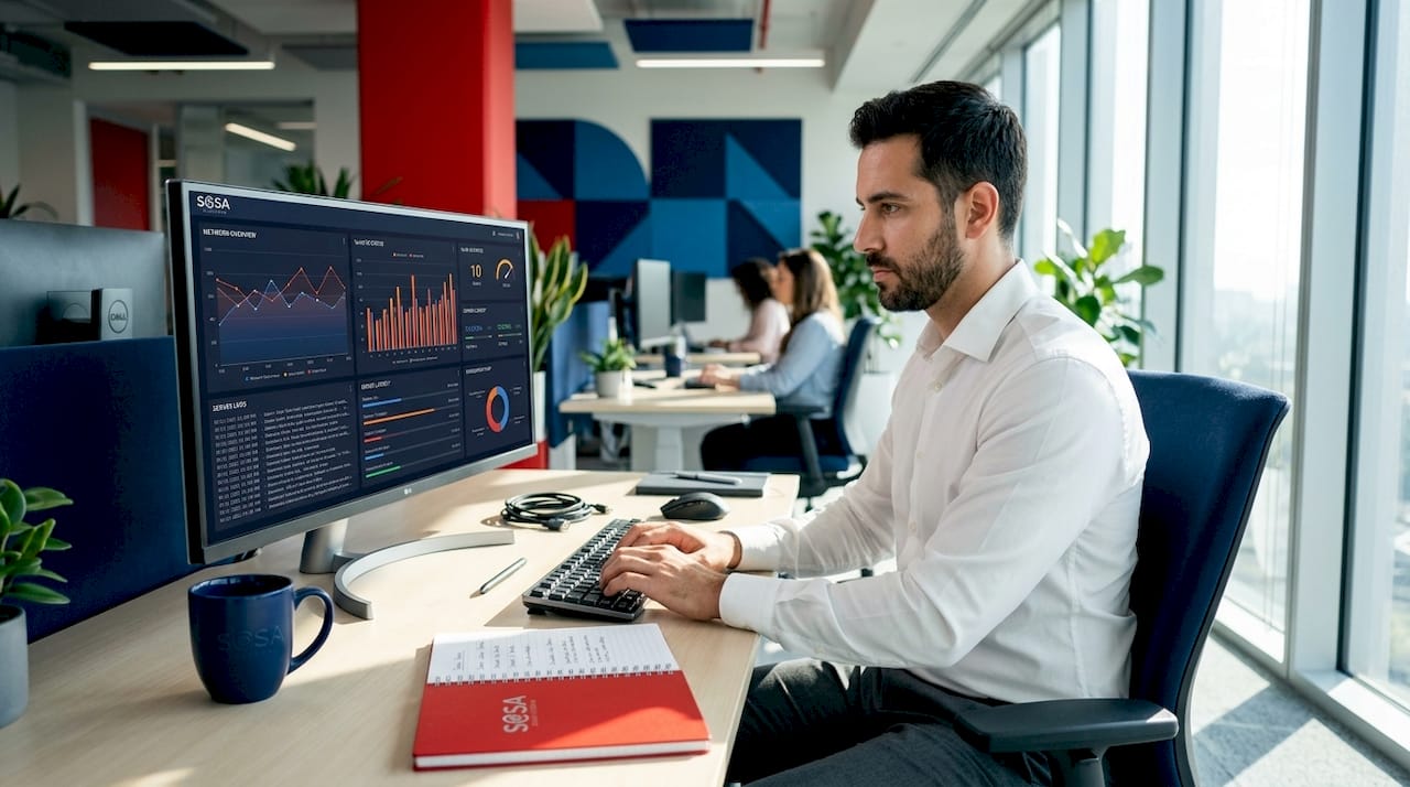 IT specialist monitoring dashboards at desktop